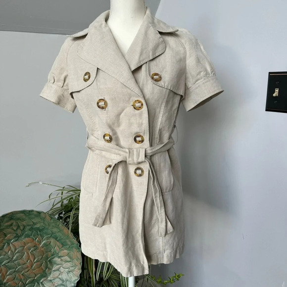 Londonjean Chino Short Sleeve Button Up‎ Top Jacket Linen Cotton Khaki Belted Sm - Picture 1 of 7